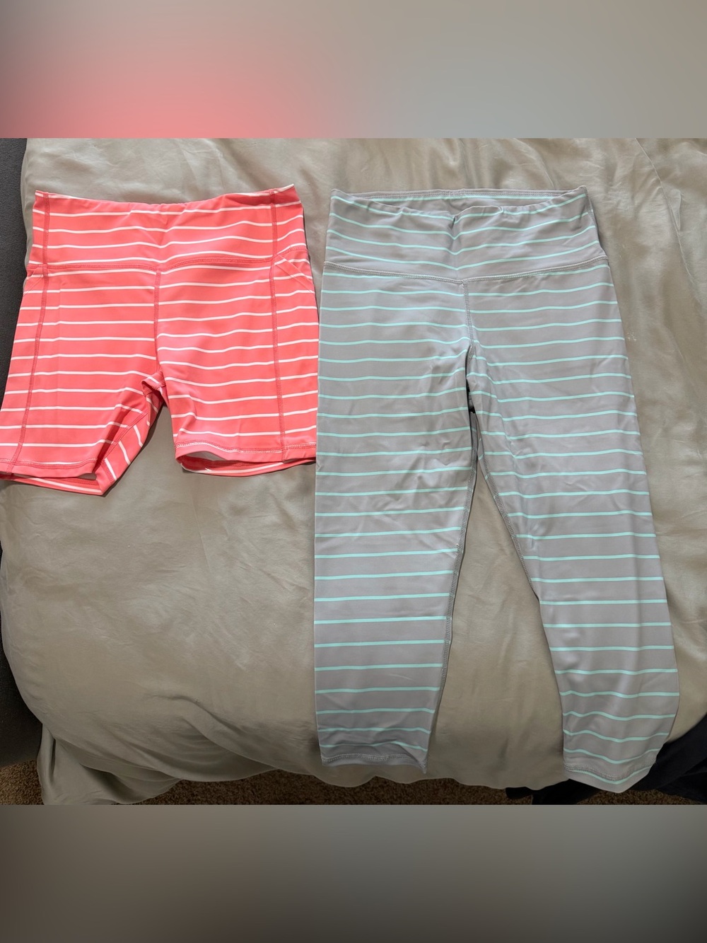 Women’s Striped Active Bottoms - Coral Shorts & Gray Capri Leggings